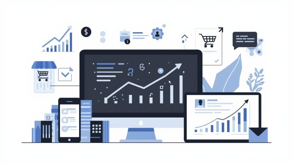 Professional dashboard displaying e-commerce growth strategies with sales analytics and performance metrics