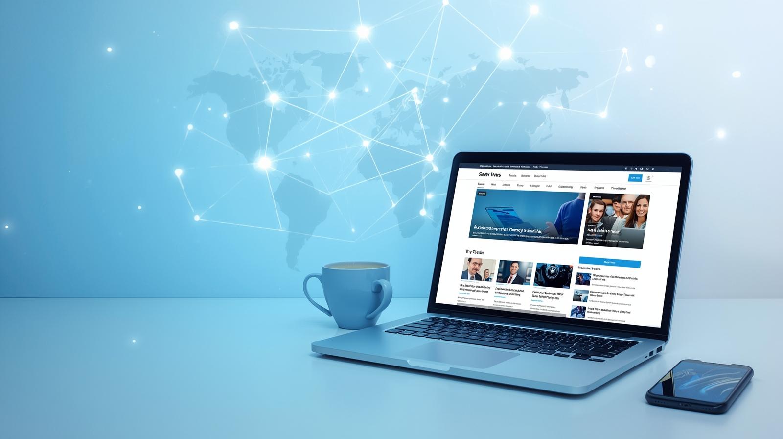 Hero image for Latest Updates news and blogs with laptop and global connections.